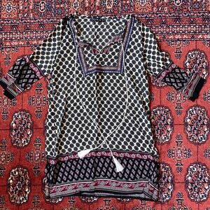 Yi Heng Mei Size L Black/Ivory Print Asian Motif Pullover Dress